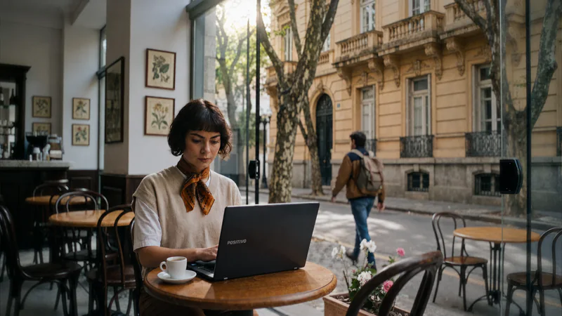 Pessoa trabalhando num notebook Positivo na mesa de um café, com a rua ao fundo