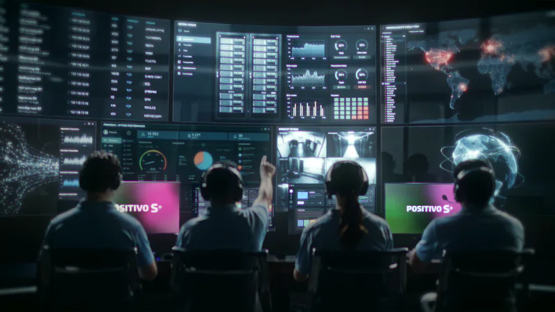 Equipe numa sala de monitoramento diante de um painel de telas com gráficos e mapas