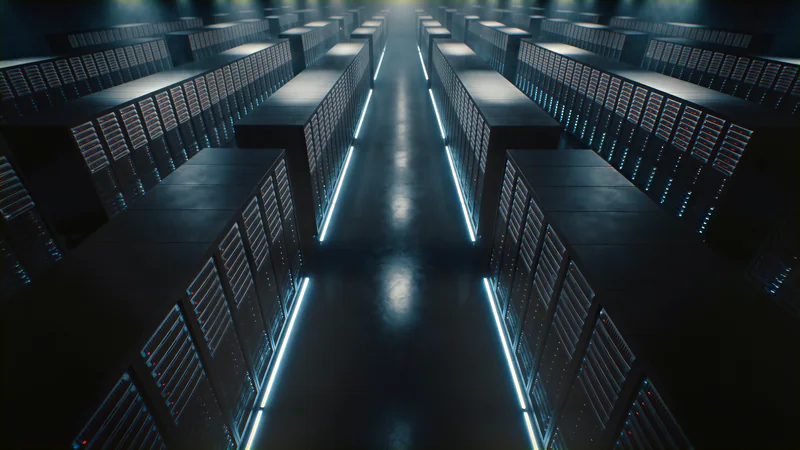 Corredor de data center visto de cima, com fileiras de racks e luzes no piso